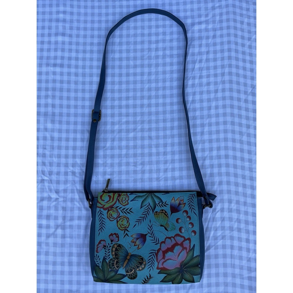 Anna Anuschka Hand Painted Leather Crossbody Bag Butterfly Garden Floral - Picture 5 of 11